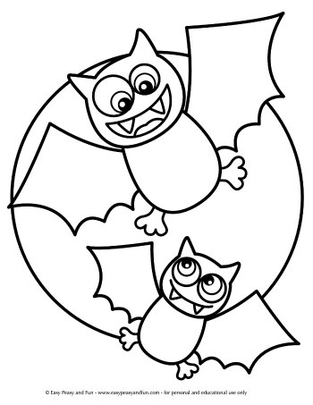 Two bats and a moon coloring sheet for kids. Perfect for fall and Halloween.