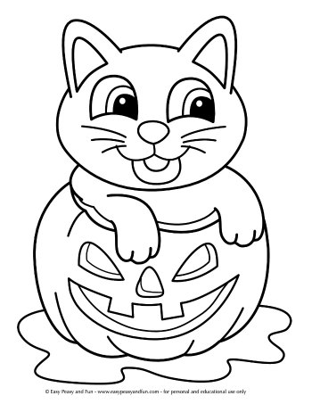 Cat in a Pumpkin Coloring Page for Kids