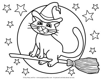 Cat on a broom coloring sheet.
