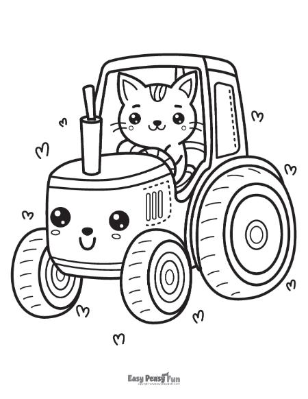 Cat driving a tractor coloring page.