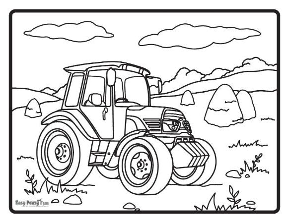 Realistic tractor coloring sheet.