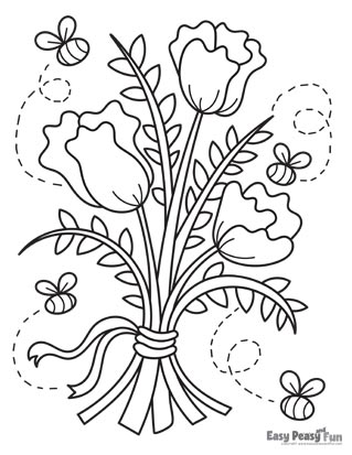 Flowers and Bees Coloring Page