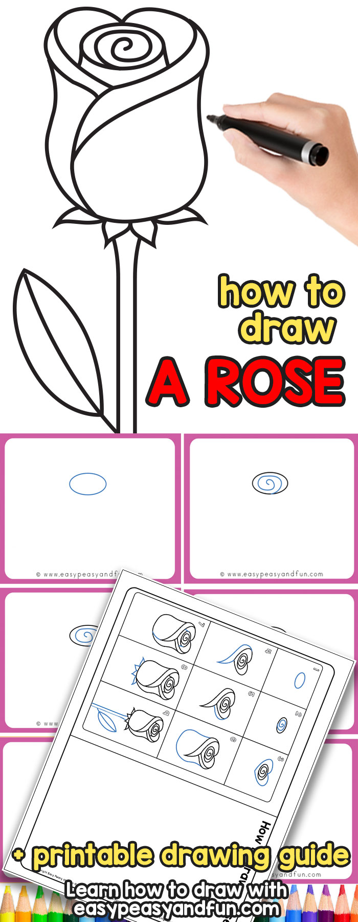 How to Draw a Rose - an easy step by step drawing tutorial for kids and beginners