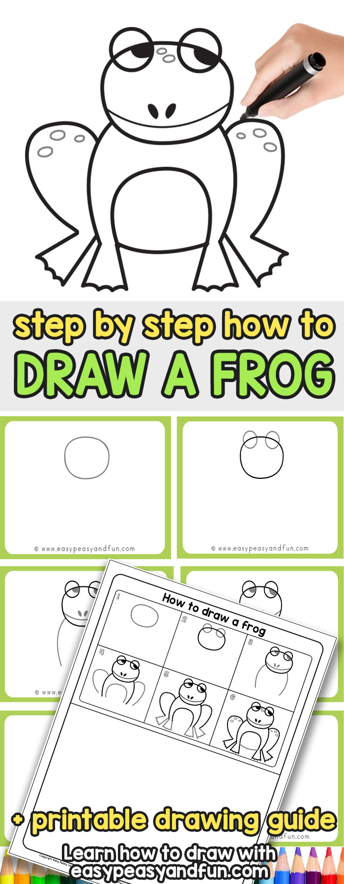 Learn how to draw a frog with our step by step tutorial (+ grab the printable template) #howtodraw 