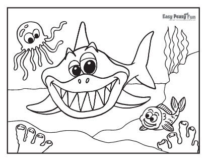 Shark, Fish and Octopus Coloring Page