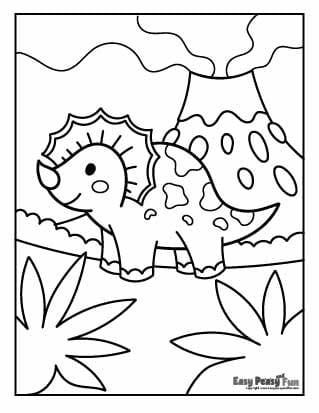 Cute Dino and Volcano Coloring Page