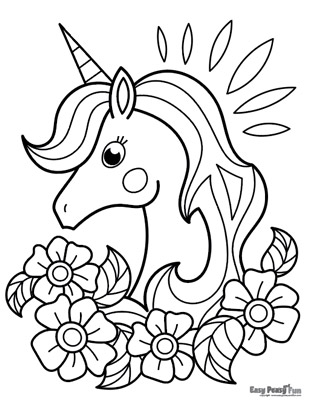 Unicorn and Flowers Coloring Page