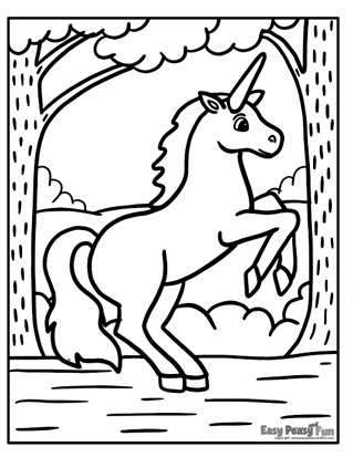 Unicorn in a Forest Coloring Page