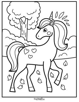 Unicorn in the Woods Coloring Page