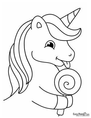 Unicorn with Candy Lollipop Coloring Page