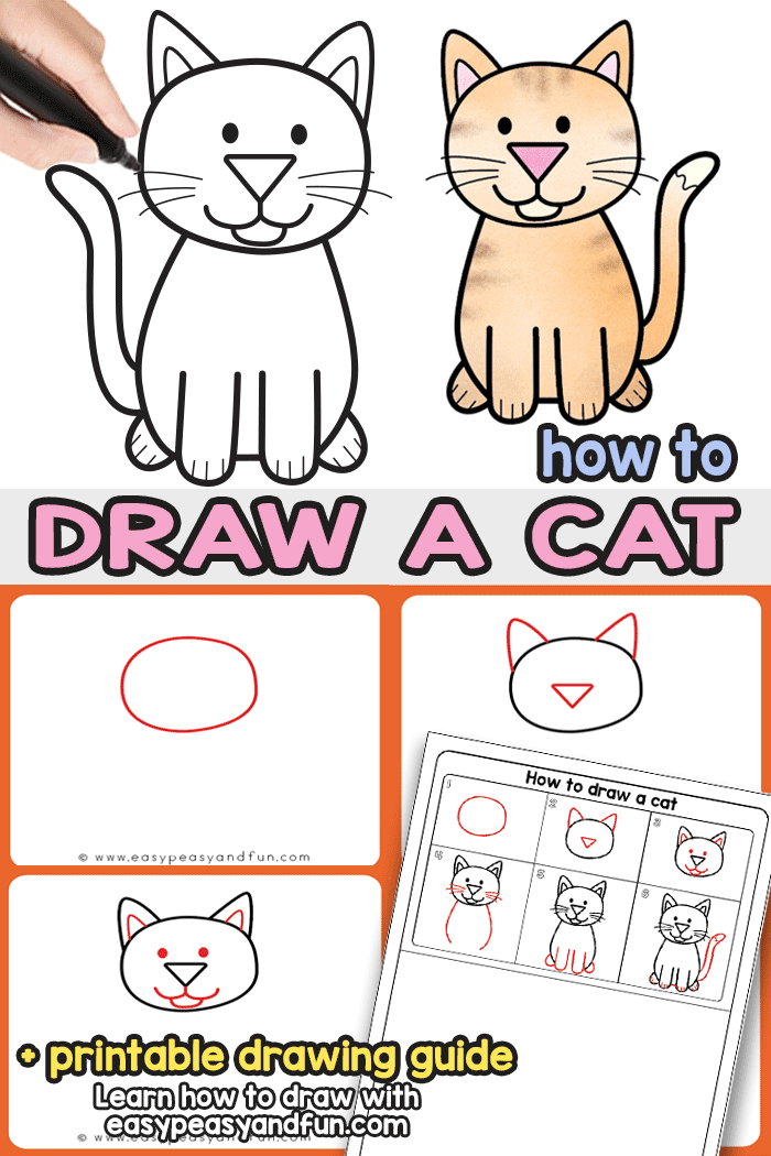 How to Draw a Cat Step by Step Tutorial. With these simple drawing instructions you will be finishing up your cute cartoon cat drawing in no time. Grab the cat directed drawing printable guide and draw anywhere you go. Perfect for classroom art lessons as it's suitable for kids as well as grown ups.