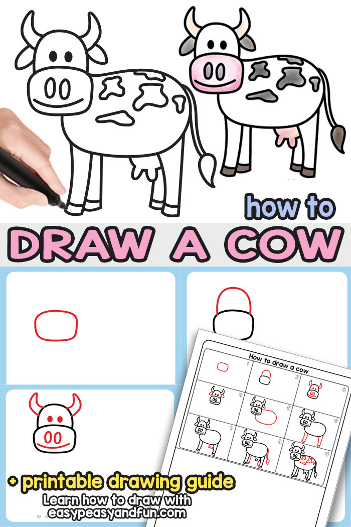 How to Draw a Cow Step by Step Drawing Tutorial. With this printable directed drawing guide you will learn how to draw a super easy cow in no time. Great both for kids and beginners.